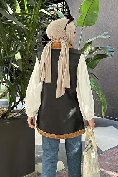 lamelif Δερμάτινο γιλέκο με γούνινο λεπτομέρεια εσωτερικά, καφέ γαλακτώδες