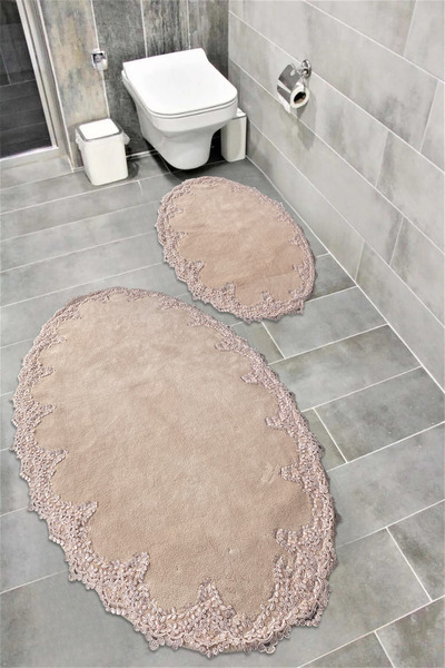 FeelHome Σετ ματ πατάκια μπάνιου Sultan 100% βαμβακερά, εξαιρετικά απορροφητικά, μαλακά δαντελωτά, οβάλ, σετ 2 τεμαχίων 67x115 57x77