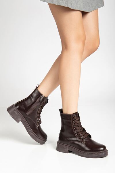 Hayalimdeki Ayakkabı Kadın Parlak Günlük Kahverengi Cilt Kalın Tabanlı Postal Bot