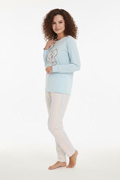 Bravie Luxury Thermal Rainbow Cat Patterned Women's Fleece Winter Pajama Set – 42052