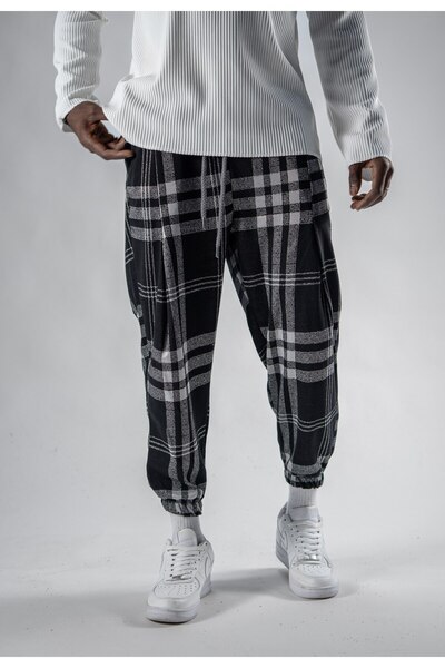 Superbluemexico Unisex Pleated Jacquard Plaid Patterned Jogger Pants