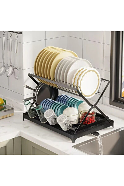 Rovitech Dish Drainer with 2 Levels, Foldable, Black