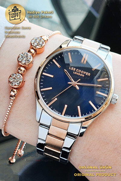 Lee Cooper Navy Blue Dial Rose-White Case Steel Strap Women's Wristwatch with Bracelet Gift