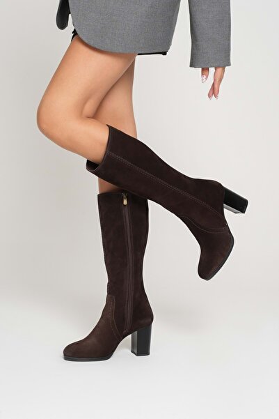 ANALİN SHOES Γυναικείες μπότες σουέτ με τακούνι από γνήσιο δέρμα - καφέ