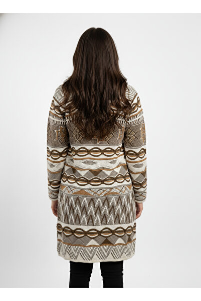 Uludağ Triko Women's White Monogram Patterned Knitwear Hooded Long Cardigan