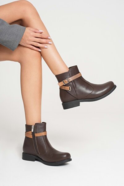 ANALİN SHOES Γυναικείες μπότες casual με ζώνη από γνήσιο δέρμα - Καφέ