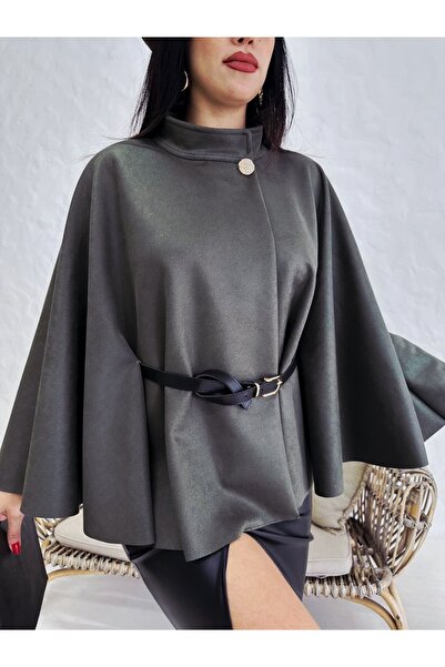 DİMA Πόντσο από σουέτ με κίτρινο κουμπί και λεπτομέρεια με ζώνη