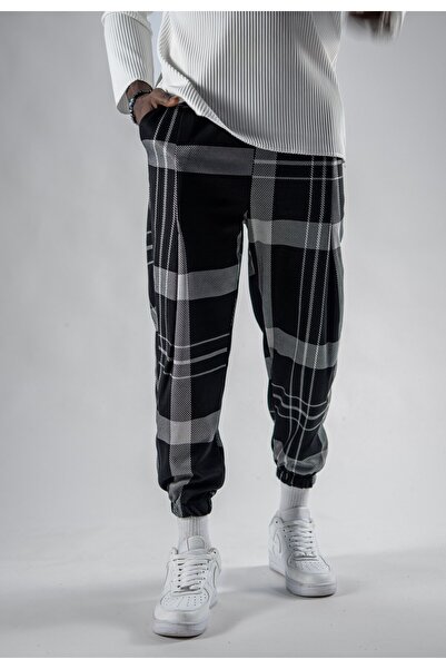 Superbluemexico Unisex Jacquard Plaid Patterned Jogger Pants