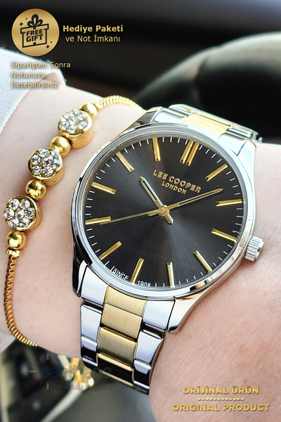 Lee Cooper ساعة يد نسائية بسوار فولاذي ومينا أسود وعلبة صفراء وبيضاء مع هدية