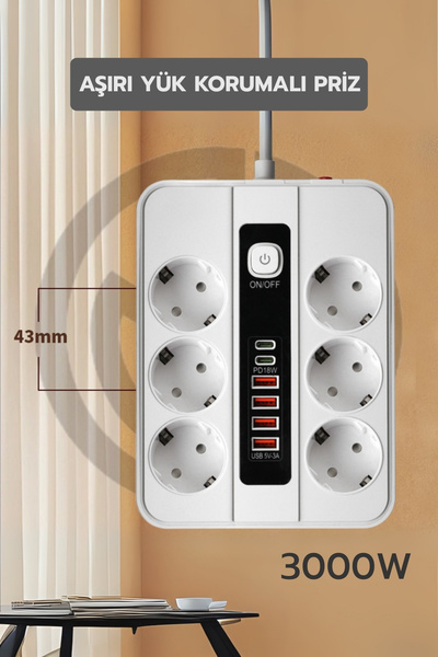 Yussraw Pro P11 6x Priz 3000W Termal Akım Korumalı 4x USB 2x Type-C Girişli Çoklu Priz