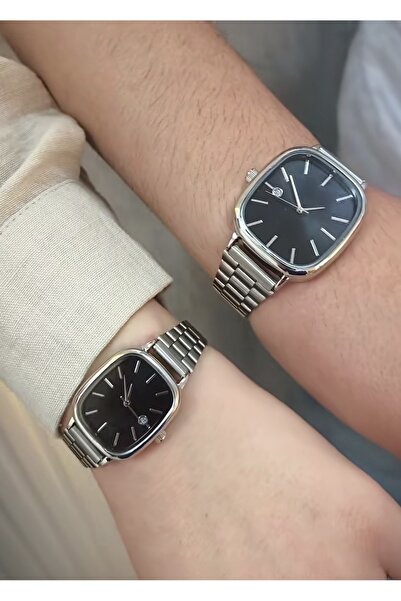 Yegane Gümüş Renk Çelik Kordon Dikdörtgen Siyah Kadran Saat Seti Takvimli Sev...
