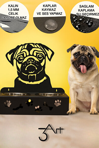 3art Metal Pug Tasarımlı Çiftli Köpek Mama ve Su Kab standı - Mama Standı - D...
