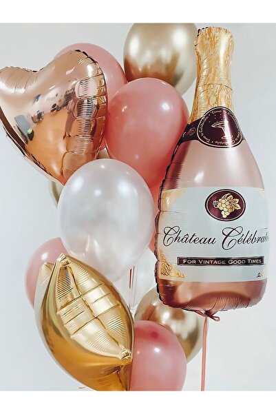 Çemrek Süs Parti Rose Gold Balon Demeti Seti Kalp Yıldız ve Şampanya Folyo Ba...