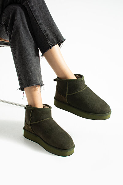 Güllü Shoes Haki Süet İçi Kürklü Kışlık Kadın Bot – Süet Kısa Bot, Kadın Kışlık Ayakkabı, Kürklü Kadın Bot