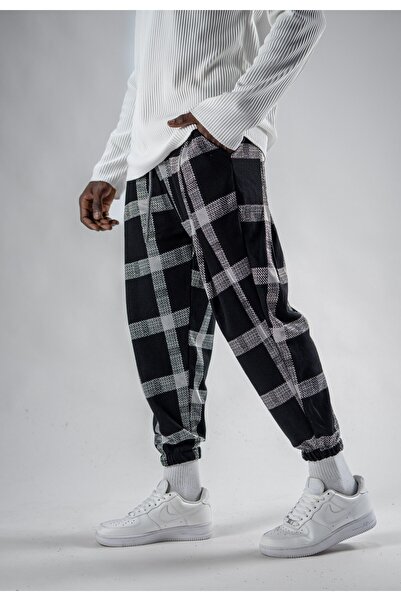 Superbluemexico Unisex Pleated Jacquard Plaid Patterned Jogger Pants