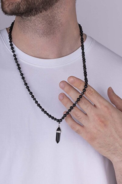 Gümüş Pazarım Onyx Stone Round Square Cut Natural Stone Men's Necklace