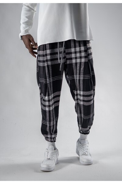 Superbluemexico Unisex Pleated Jacquard Plaid Patterned Jogger Pants
