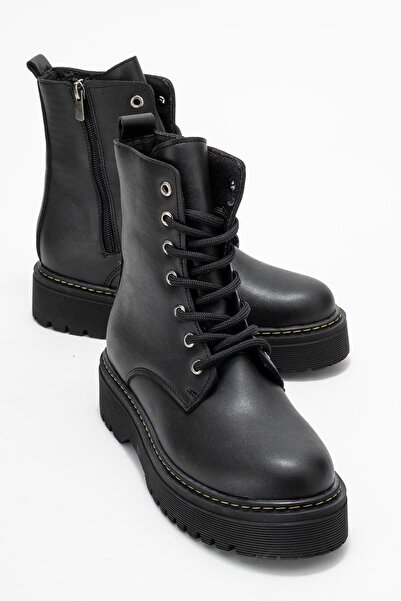 CCWAY AYAKKABI حذاء نسائي طويل بنعل مسطح جلد أسود أصفر