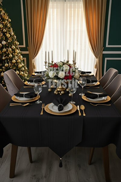 Çt Çeyizci Tekstil Striped 12 Person 26 Piece Tablecloth, Black Christmas Tablecloth, Chrismis Tablecloth