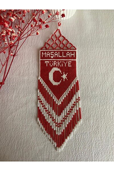 Handmade KUM BONCUK EL İŞİ KIRMIZI BEYAZ ARABA AKSESUARI