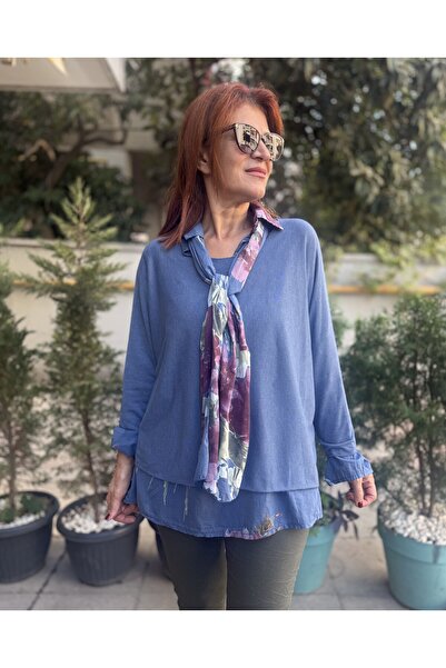 DenizEge Tricotaj italian Orkide cu cămașă și eșarfă, albastru indigo