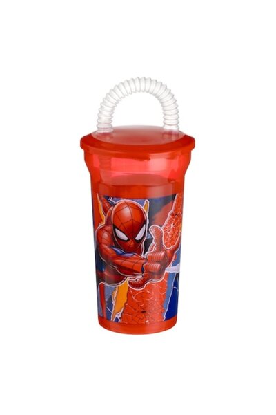 SHOPIENS Pahar de plastic Spiderman cu capac și pai flexibil, 0,4 l, multicolor