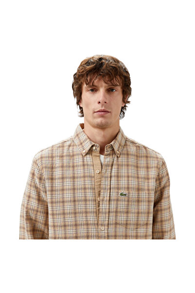 Lacoste Men's Regular Fit Button down Collar Plaid Brown Shirt Ch2543.02S