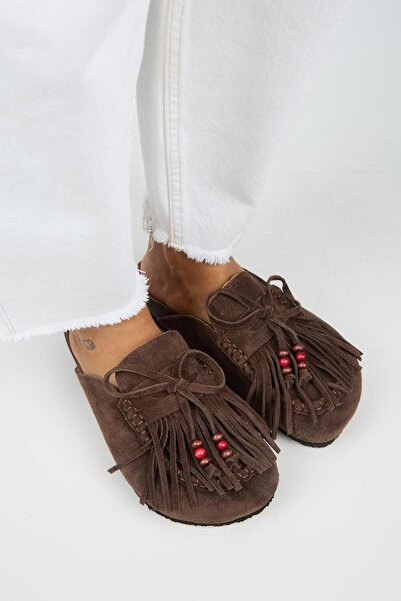 Manijero Malinda Women's Genuine Leather Tasseled Bead Detailed Sabo Brown Slippers