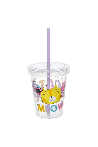 SHOPIENS Pahar de plastic, model pisică, multicolor, capacitate 440 ml, cu pa...