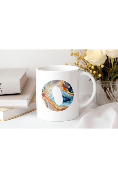 Beramussa كوب منقوش برخام على شكل حرف O - تصميم أزرق عصري - هدية كوب شاي وقهوة