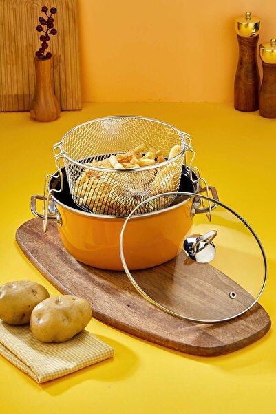 Miningaa Nostalji Emaye 22 cm Cam Kapaklı Kızartma Tenceresi | Sağlıklı & Güv...