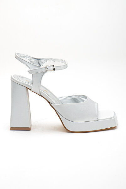 LİLLA Women's Square Toe Platform Thick Heeled Silver Satin Evening Dress Shoes