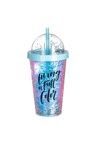 SHOPIENS Plastic Cup "Living in Full Color" with Pink/Blue Lid, 0.45 L