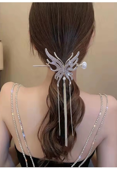 CAŞ DEKORASYON Silver Color Butterfly Stone Dangle Bun Hair Clip