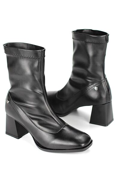 Gökhan Talay Miravie Black Leather Flexible Soft Non-Slip Sole Square Heel (6cm) Stretch Boots