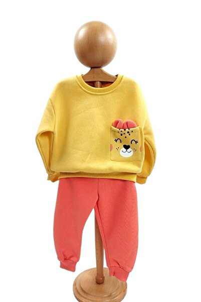 Dumledo Yellow and Pink 2-Piece Girls' Tracksuit Set with Cat Figure - Top an...