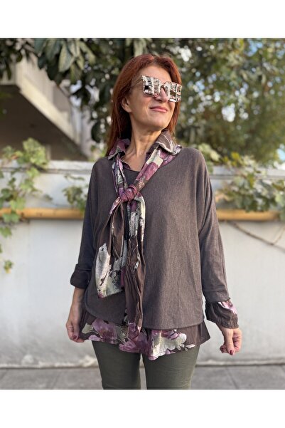 DenizEge Италианска риза с шал, плетен пуловер, кремав цвят