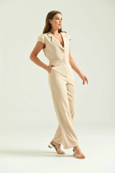 Lujiz Kadın Tulum Elbise Ceket Yaka Kumaş Tulum Elbise Taş - T106