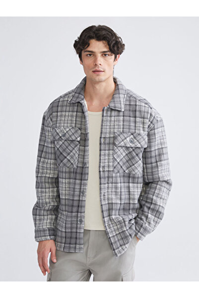 LC Waikiki Gray Comfortable Fit Plaid Fleece Men's Shirt Jacket