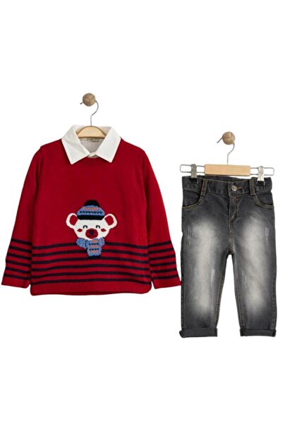 Dumledo Kırmızı Ayıcık Figürlü Kazak, Gömlek ve Kot Pantolon Alt - Üst 3'lü Erkek Çocuk Takım