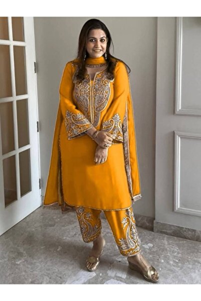 MYSMAR Yellow Chinnon Silk Salwar Kameez & Dupatta - HRT1972 | Yellow