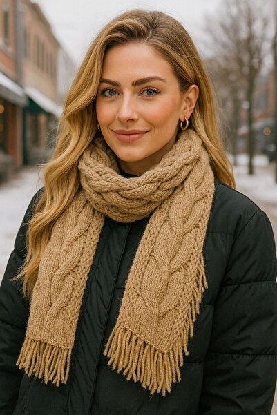 FELLMENS Camel Wide Knitted Fringed Women's Scarf Shawl 30 X 180 cm