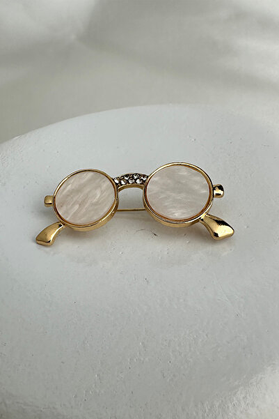 Modex Altın Rengi Taş Detay Beyaz Yuvarlak Gözlük Broş(4cm)