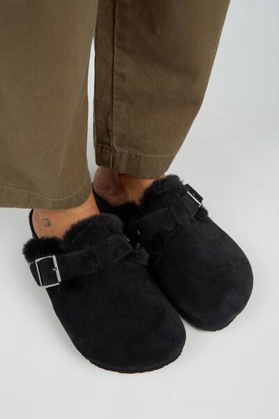Manijero (Zeta 2 Fur) Women's Genuine Leather Belt Buckle Sabo Black Slippers