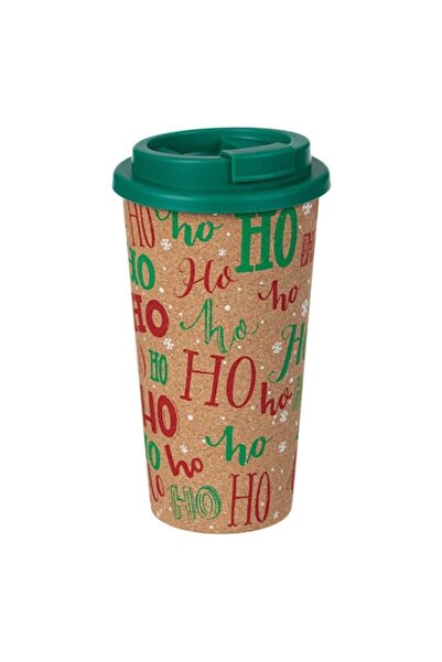 SHOPIENS Plastic Cup with Cork Layer and Green Lid, 0.5L, Christmas Design, Multicolor