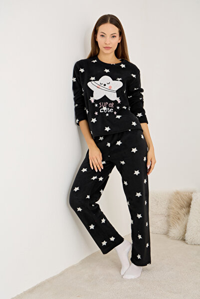 Siyah İnci Black Star Pattern Embroidered Fleece Winter Knitted Pajama Set