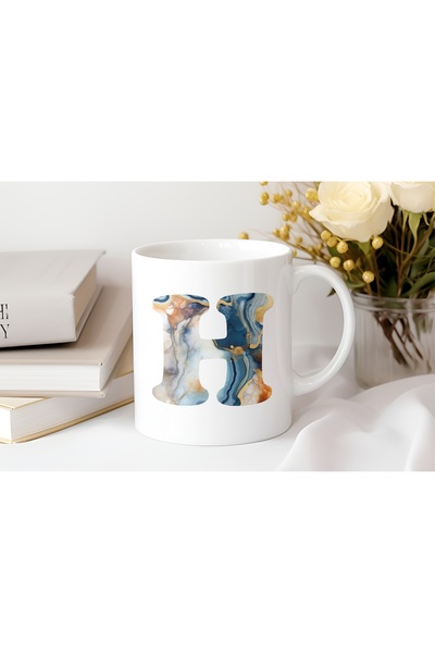 Beramussa كوب حرف H منقوش بالرخام - تصميم أزرق عصري - هدية كوب شاي وقهوة