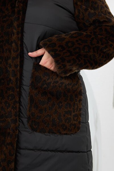 RMG Leopard Garnished Plus Size Quilted Coat Black