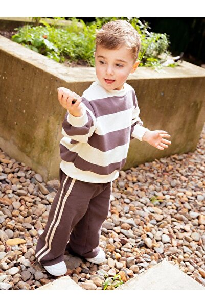 Magu Unisex Çocuk Pamuklu Kahve Çizgili Sweatshirt ve Şeritli Eşofman Takım - Rahat Kesim