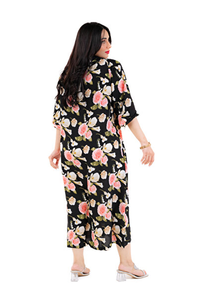 amaan Women Floral Print Midi Jalabiya, Chiffon Fabric, 3/4 Sleeve Button-Up Dress, Elegant Modern outfit